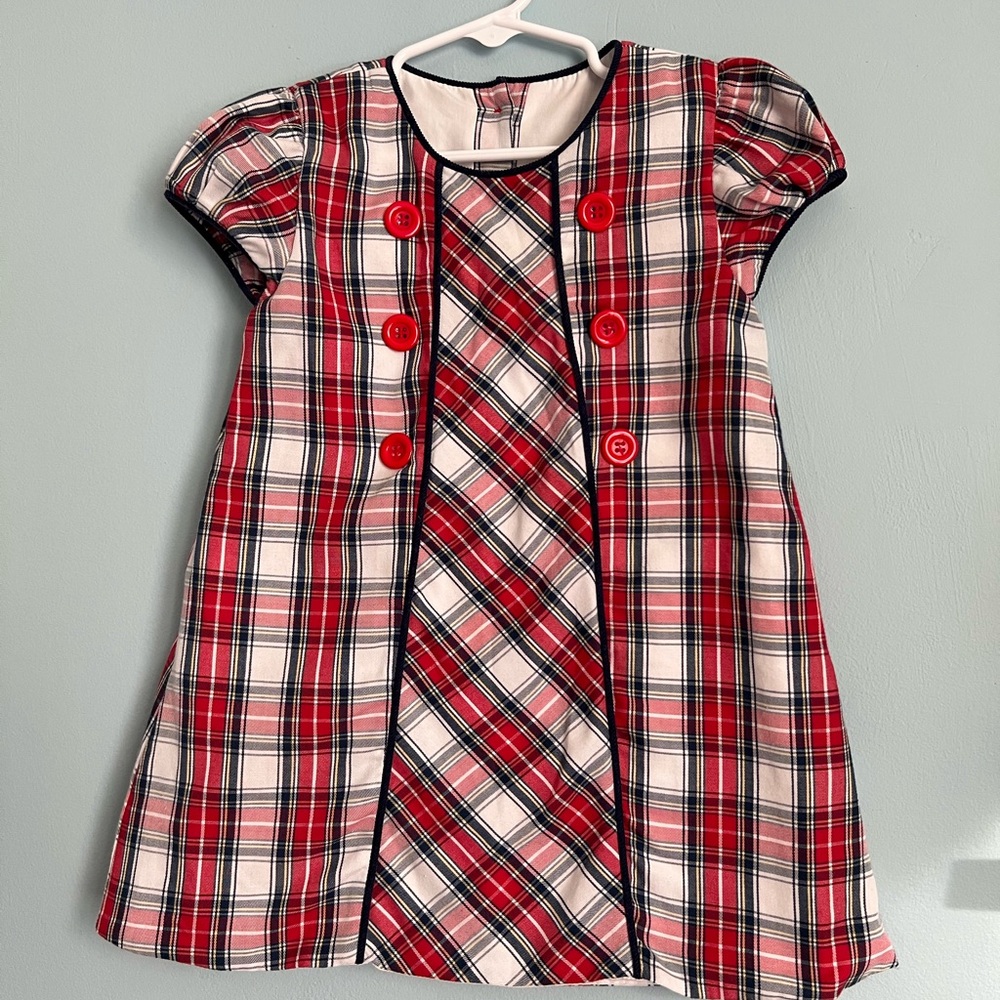 Shrimp and Grits Red Plaid Girls Dress with Navy Trim